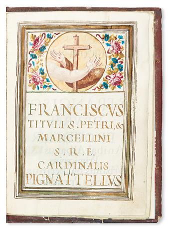 BINDING. [Document pertaining to the Archconfraternity of the Stigmata of St. Francis.] Illuminated manuscript in Latin on vellum. 1706